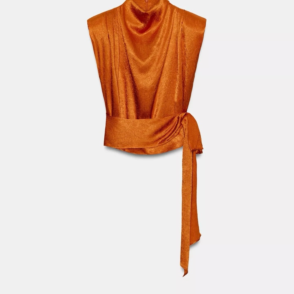 Zara Women's Satin Draped Sleeveless Top with Waist Tie - Orange